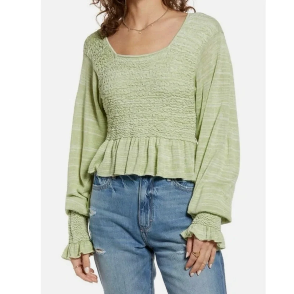 Free People Smocked Light Green Long Sleeve Peplum Size M